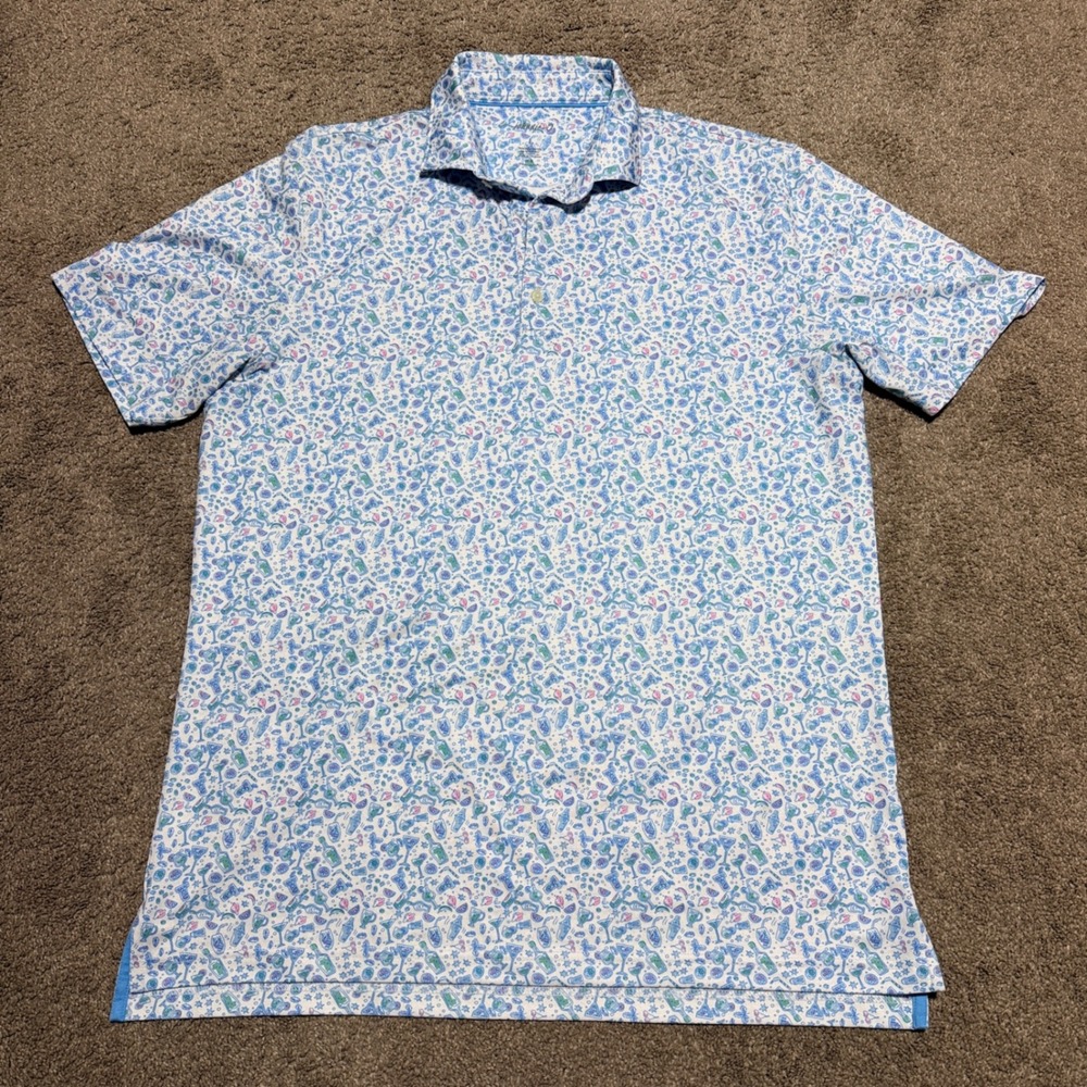 Johnnie-O Hendrick Malibu Printed Polo Shirt Mens Large Blue‎ Cocktail UPF 50